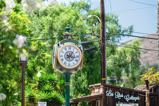 San Juan Capistrano, CA, USA - Sept 4, 2023: The Rotary International Clock Tower sits in front of the Historic Los Rios District, one of CA's oldest neighborhoods.