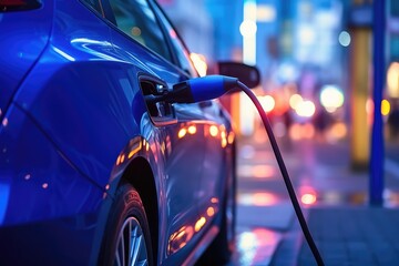 Electric car EV is charging at station. Generative AI