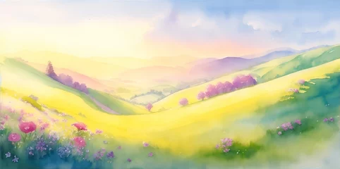 Foto op Canvas Beautiful landscape wit rolling hills. Watercolor. AI generated illustration © vector_master