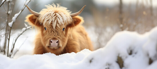 Fuzzy highland cow in the snow, space for banner, Portrait of A Fluffy Cow with a Voluminous Coat Billowing in the Wind Capturing the Ethereal Beauty of a fluffy cow  