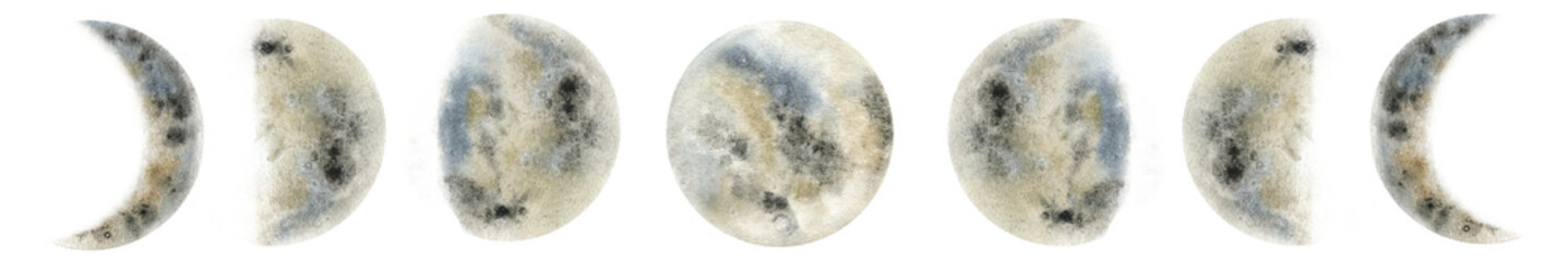 Various phases of gray moon. Watercolor illustrations on the topic of astrology and esotericism. Isolated. Minimalistic illustration for design, print, fabric or background.