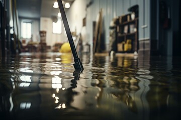 Mop clearing deep floodwater in electrical room or basement with defocused cable. Water damage by rain, snowmelt, or pipe burst. Generative AI - obrazy, fototapety, plakaty