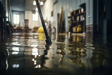 Foto op Aluminium Mop clearing deep floodwater in electrical room or basement with defocused cable. Water damage by rain, snowmelt, or pipe burst. Generative AI © Anthony
