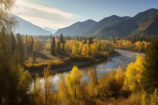A beautiful autumn panoramic view of the Clark Fork. Generative AI