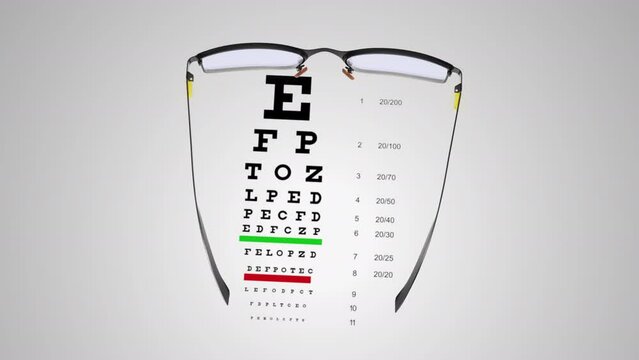 Spectacles with Eye Examination Chart behind it in a 3D animation