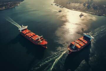 Aerial view of two cargo ships maneuvering in a harbor for import and export activities. Generative AI - obrazy, fototapety, plakaty