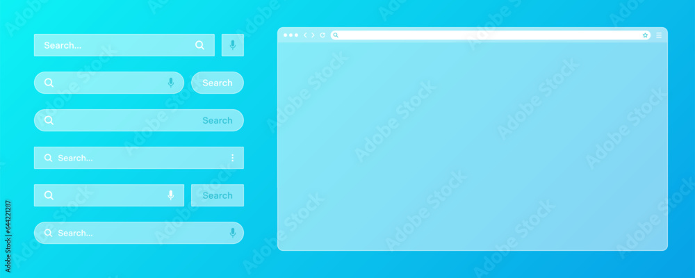 Poster blank transparent internet browser window with various search bar templates. web site engine with se