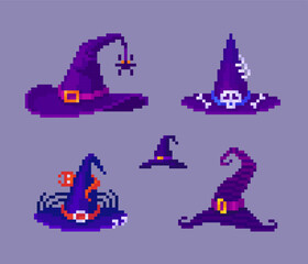 Pixel art witch hats set. Pixelated cartoon elements about Halloween holiday costume, 8 bit retro style vector illustration