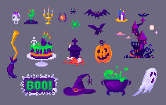 Pixel art Halloween set. Pumpkin, ghost, castle, tomb and other icons. Pixelated cartoon elements about Halloween Holiday, 8 bit retro style vector illustration