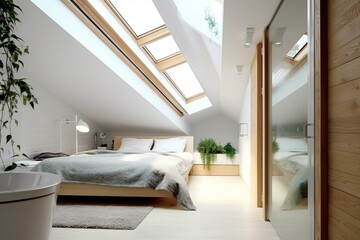 Fototapeta na wymiar Attic bedroom with roof windows, small bathroom, and double exposure. Generative AI
