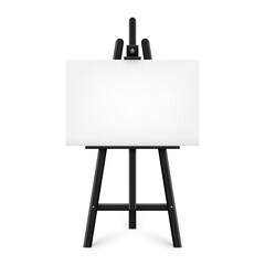 Realistic paint desk with blank white canvas. Black wooden easel and a sheet of drawing paper. Presentation board on a tripod. Artwork mockup, template. Vector illustration