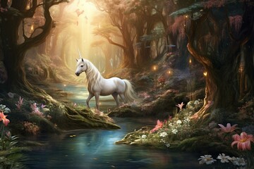 Enchanted forest with white unicorn and pegasus. Generative AI