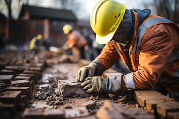 Worker laying bricks on a construction site. Construction workers are building a house