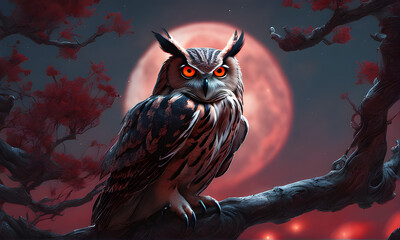 A majestic owl on the old tree branch with red blood moon night