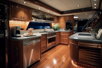 Contemporary kitchen on yacht with stove, wardrobes, and refrigerator. Generative AI - obrazy, fototapety, plakaty