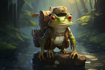 An illustration featuring a frog explorer or adventurer. Generative AI - obrazy, fototapety, plakaty