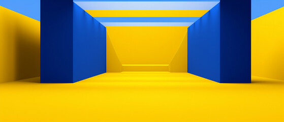 Tło do prezentacji produktu żółto - niebieskie w kolorach flagi Ukrainy. Geometryczne kształty w przestrzeni tworzące ściany i podłogę 3d. 