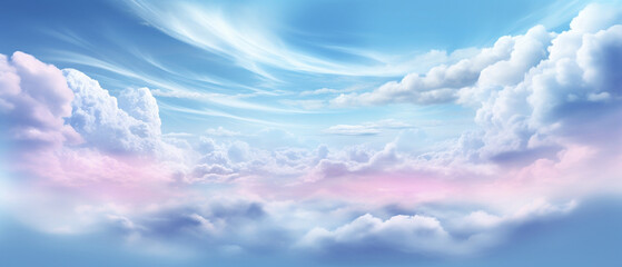 Błękitne tło z odcieniem różu - niebo z delikatnymi chmurami i obłokami - tron Boży, rajska światłość. Miejsce przebywania aniołów. - obrazy, fototapety, plakaty