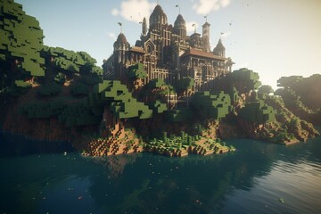 Castle in the jungle, surrounded by a lake. Minecraft-inspired. Generative AI