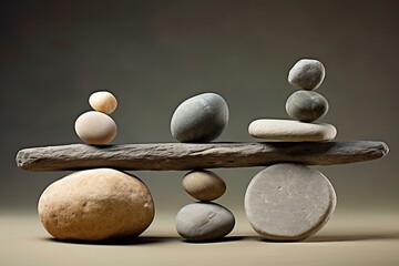 Concept of balance and harmony depicted through a rocks balance scale. Generative AI