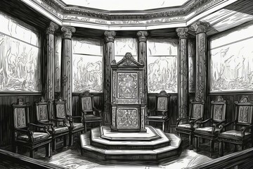 Illustration of vacant seat in dim palace chamber. Generative AI