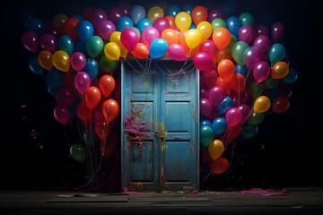 An image of vibrant balloons and a door embraced by darkness. Generative AI