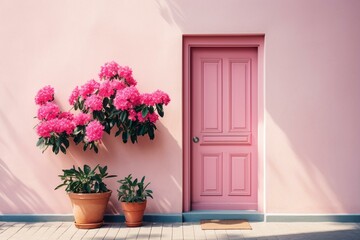 Fototapeta na wymiar A pink door with a potted plant and a pink flower. Generative AI