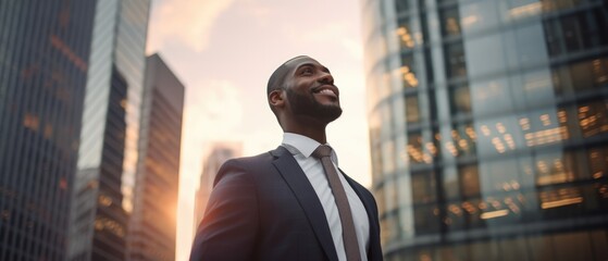 Happy wealthy rich successful black businessman standing in big city modern skyscrapers street on sunset thinking of successful vision, dreaming of new investment opportunities.