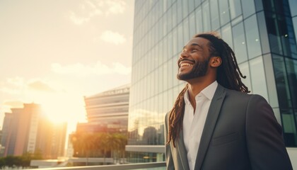 Happy wealthy rich successful black businessman standing in big city modern skyscrapers street on sunset thinking of successful vision, dreaming of new investment opportunities.