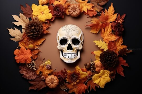 Day of the Dead, a skull among the autumn foliage