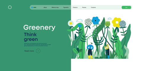 Greenery, ecology -modern flat vector concept illustration of tiny people in the grass, surrounded by plants and flowers. Metaphor of environmental sustainability and protection, closeness to nature