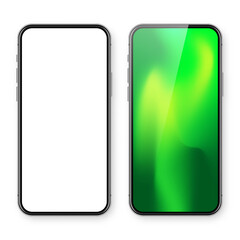 Smartphone with blank touch screen and abstract colorful background, wallpaper. Frameless mobile phone in front view. High quality detailed device mockup. Vector illustration