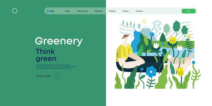 Greenery, ecology -modern flat vector concept illustration of a man sitting in the landscape with river and waterfall. Metaphor of environmental sustainability and protection, closeness to nature