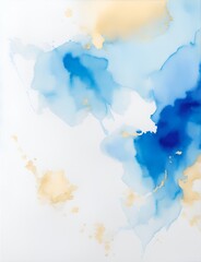 Obraz premium Blue and metallic gold watercolor on a white background. The color splashes on the paper background