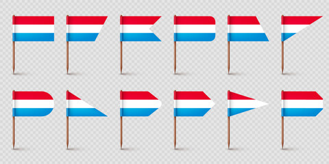 Luxembourgish toothpick flags. Souvenir from Luxembourg. Wooden toothpicks with paper flag. Location mark, map pointer. Blank mockup for advertising and promotions. Vector illustration