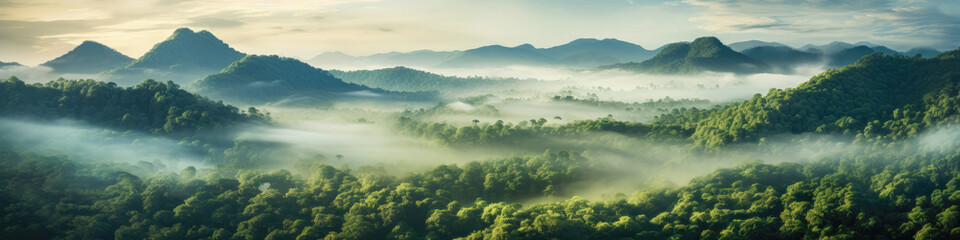Tropical rainforest, lush and misty, early morning, landscape panorama, aerial view