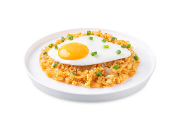 Kimchi fried rice with fried egg and scallion sprinkle on a white isolated background