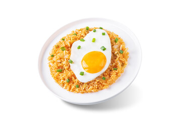 Kimchi fried rice with fried egg and scallion sprinkle on a white isolated background