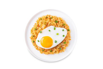 Kimchi fried rice with fried egg and scallion sprinkle on a white isolated background
