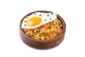 Kimchi fried rice with fried egg and scallion sprinkle on a white isolated background