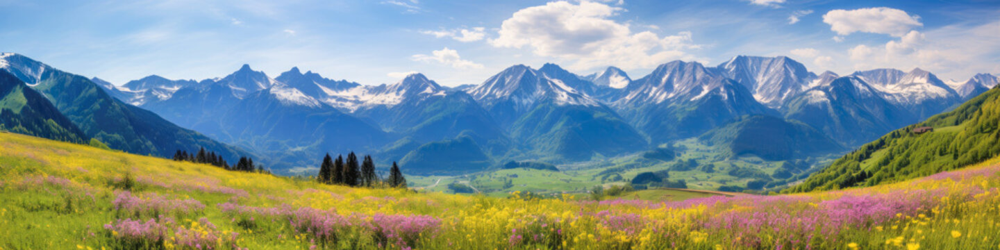Majestic Alpine meadows with vibrant wildflowers beneath towering mountain peaks, landscape panorama.