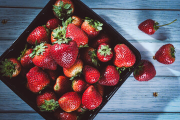 Black basket with a bunch of freshly strawberries.