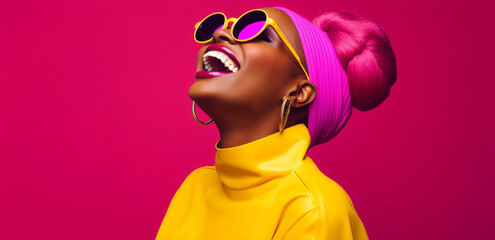 laughing young black woman with cool sunglasses in front of a red background