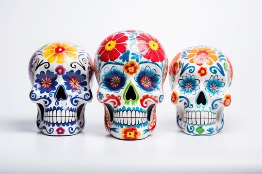 Painted human skulls on white background, Day of the Dead