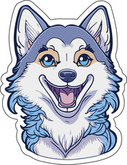 kawaii cartoon husky face with outline on transparent background, sticker, t-shirt design.