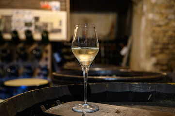 Tasting of grand cru sparkling white wine with bubbles champagne by old champagne caves in grand cru wine producer small village Cramant, Champagne, France