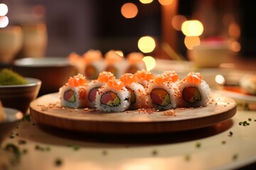 a set of tasty sushi on a table in a japanese restaurant (blurred background)