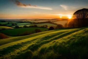 Sunset over England's Dorset countryside with its rolling green hills  