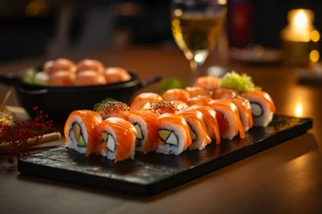 Gordijnen a set of tasty sushi on a table in a japanese restaurant (blurred background) © urdialex