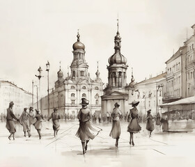 Fantastic Landscape of the city of St.
Petersburg with architecture and people. A sketch in the graphic style of wet watercolor. - obrazy, fototapety, plakaty